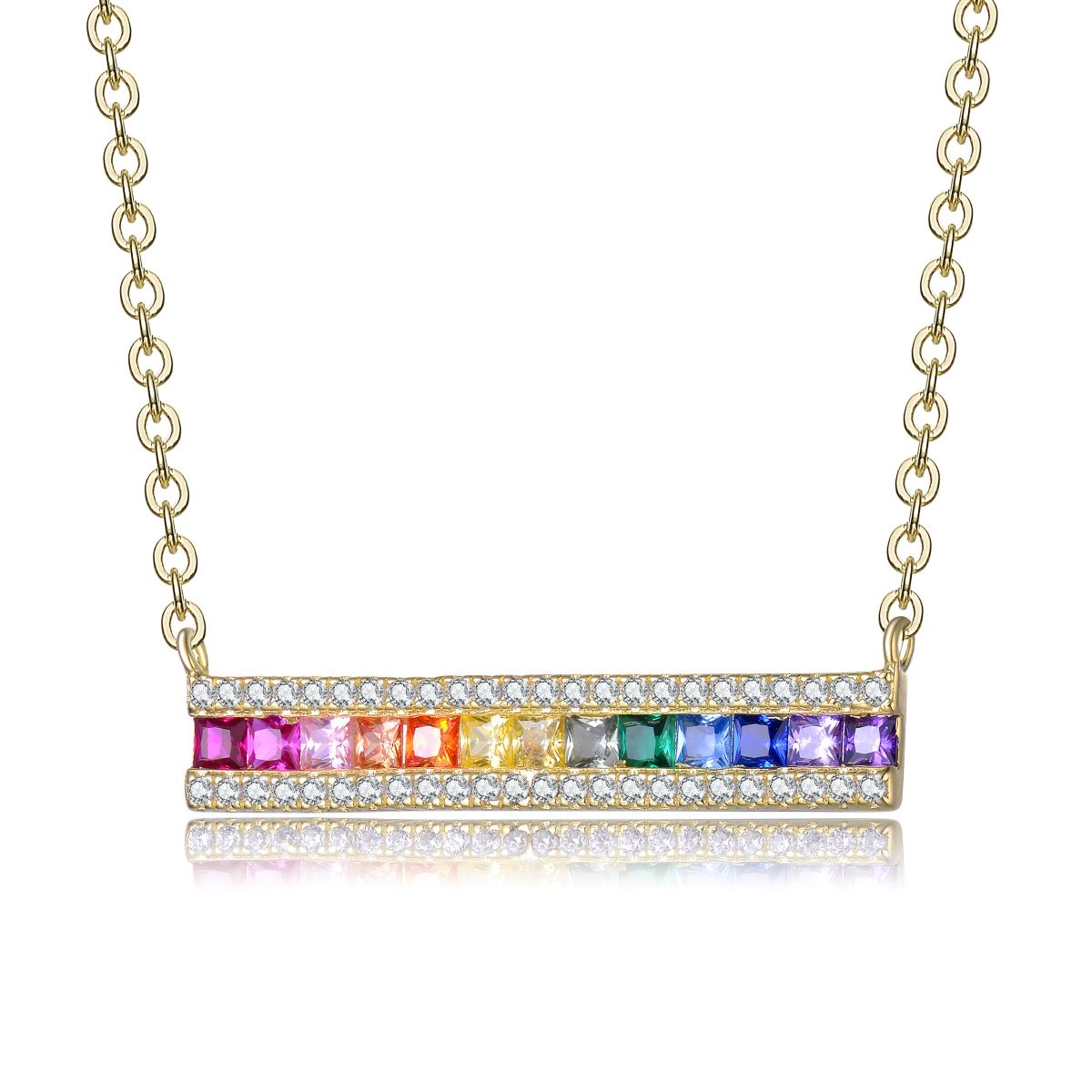 Genevive Sterling Silver Rainbow Cubic Zirconia Bar Pendant Necklace