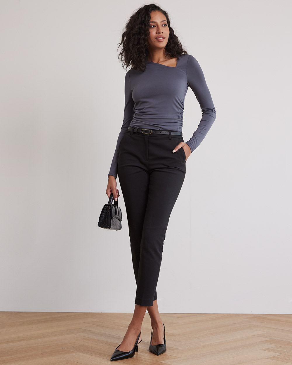Draped Long-Sleeve Top with Asymmetrical Neckline
