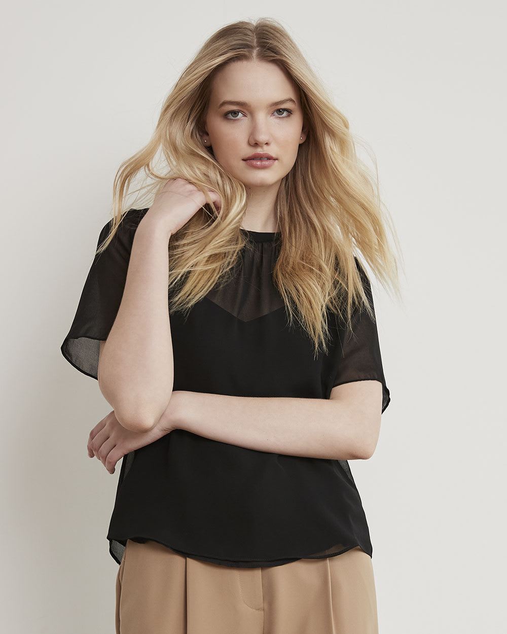 Short-Sleeve Chiffon Blouse with Removable Lining