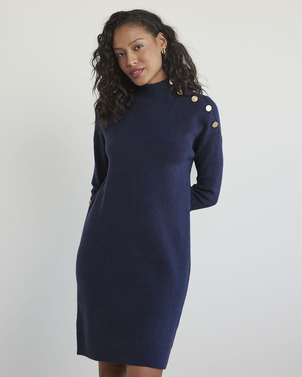 Long-Sleeve Mock-Neck Straight Dress with Buttons at Shoulder