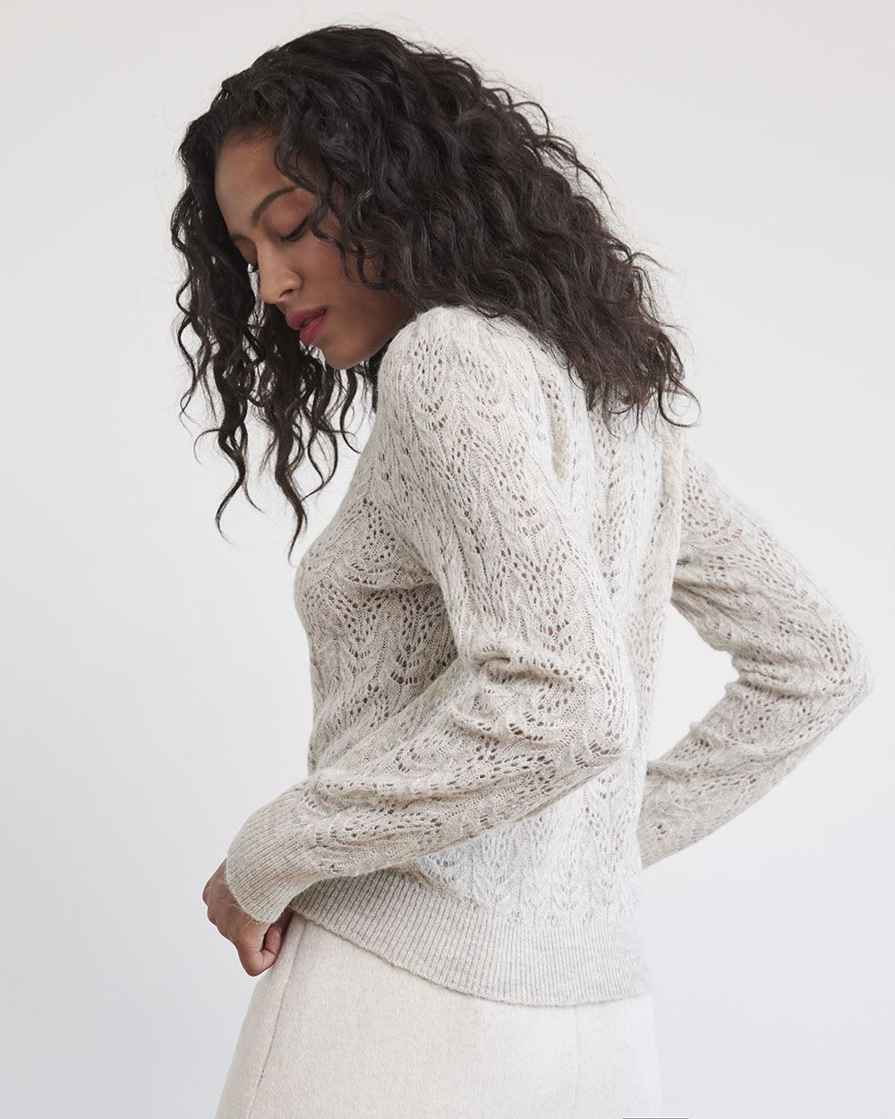 Long-Sleeve Mock-Neck Sweater with Pointelle Stitches