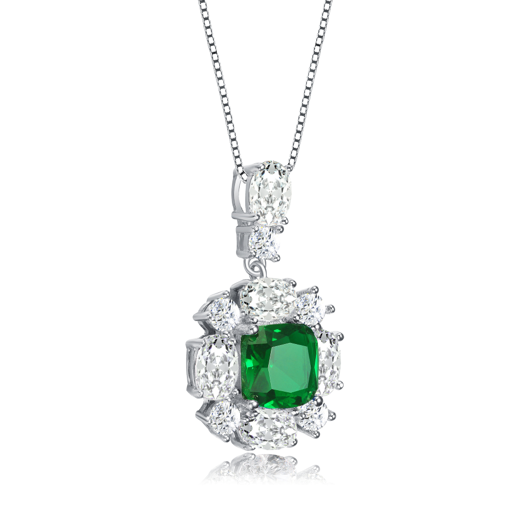 RG White Gold Plated Green and White Cubic Zirconia Accent Pendant Necklace