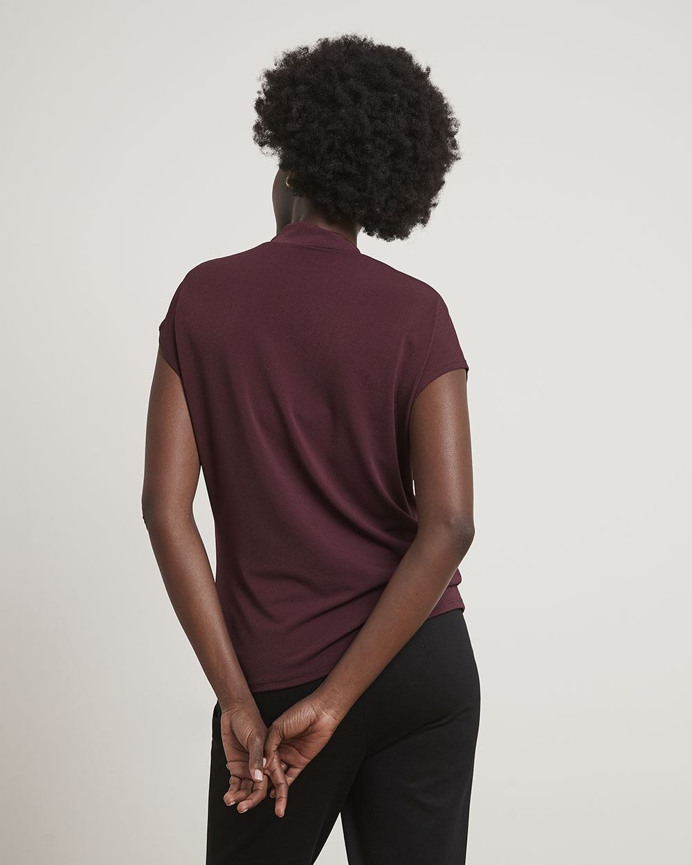 Cap-Sleeve Crepe Tee with Pleated Mock Neckline