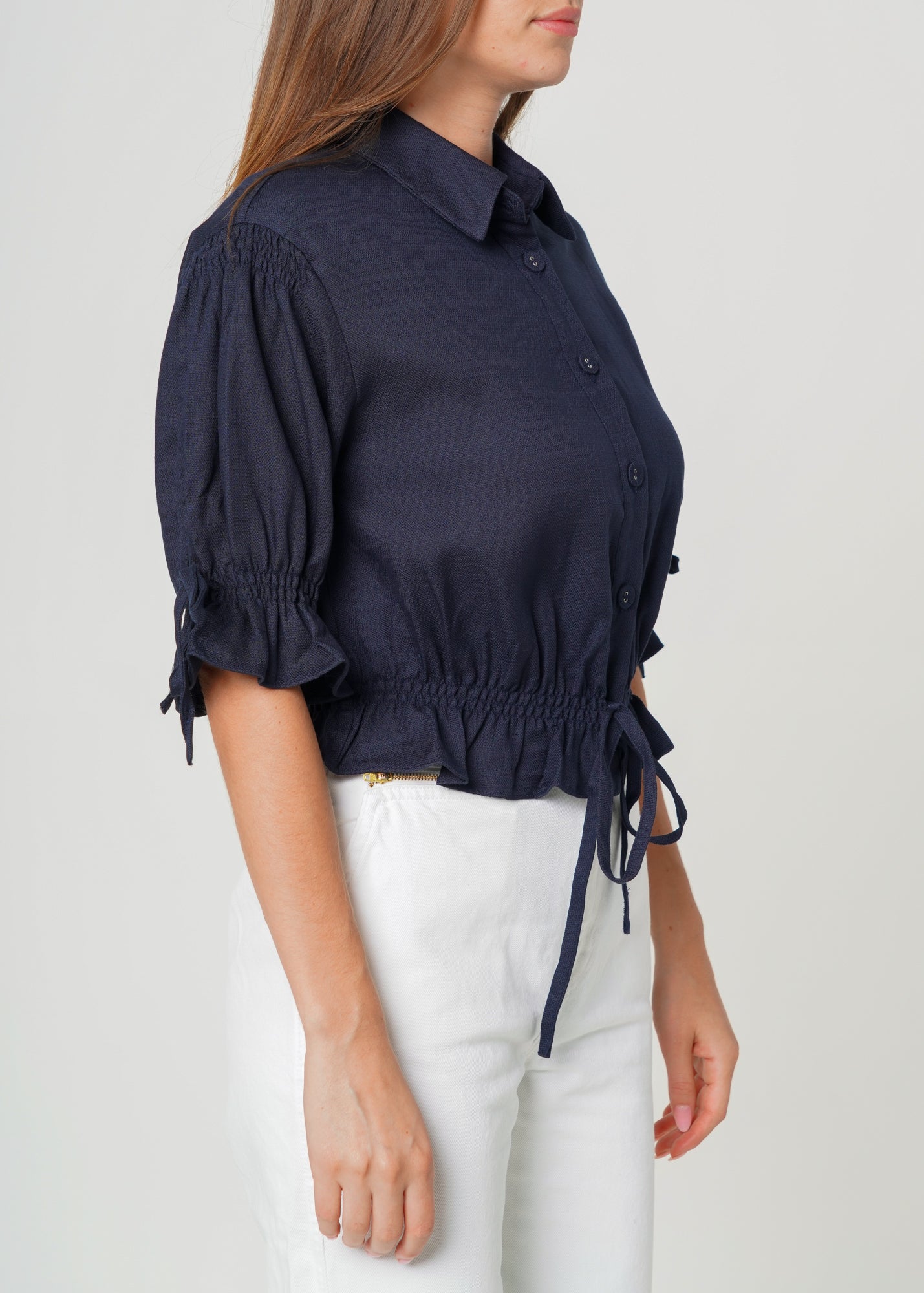 Nurode Button Front Tie Hem Blouse