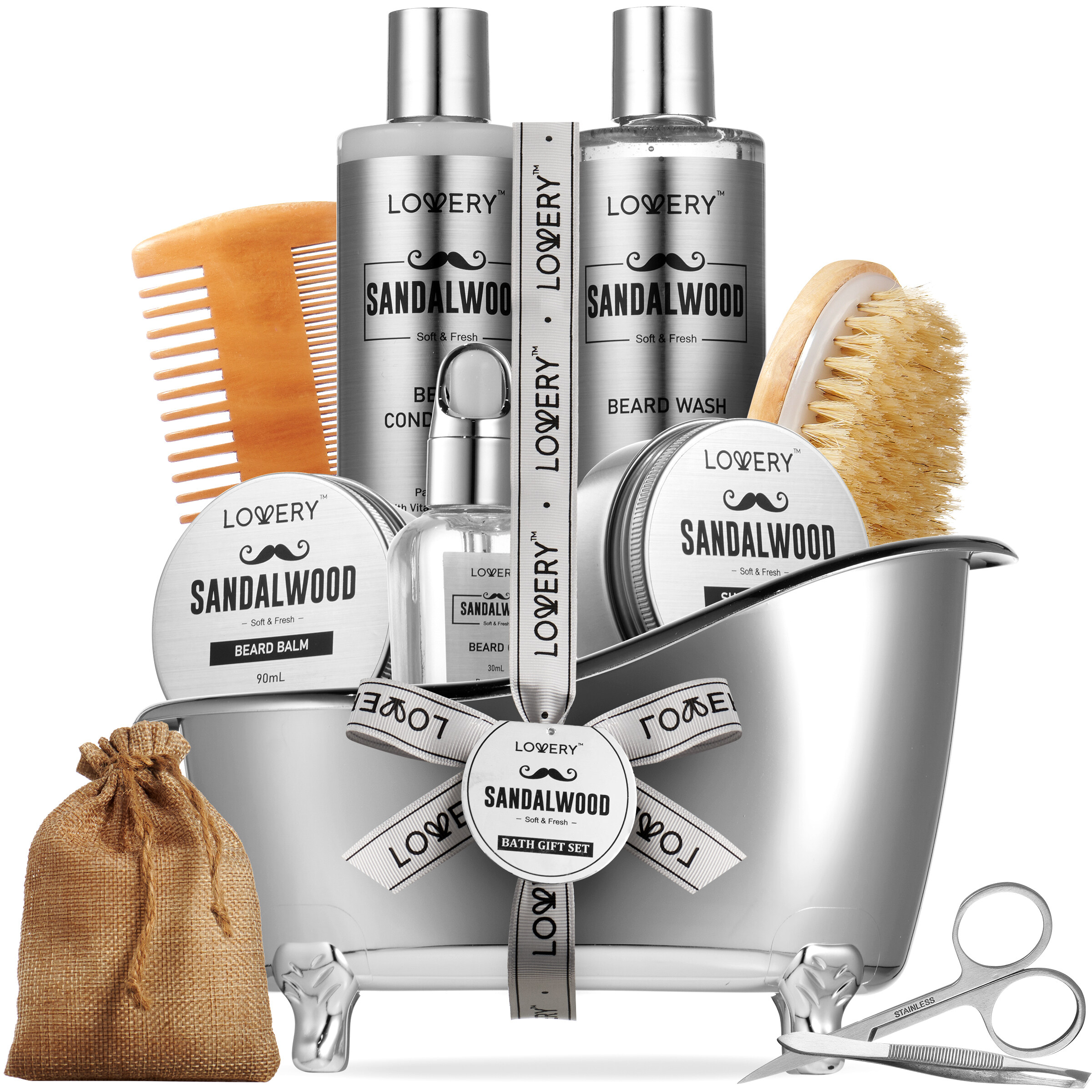 Lovery Luxury Silver Mens Bath And Body Gift Set, Sandalwood Selfcare Beard Grooming Kit