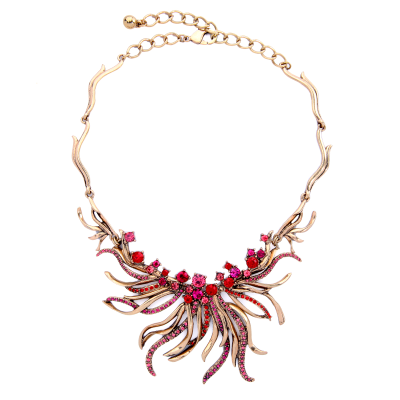 Vintage Red & Pink Crystal Brass Statement Necklace - Don't AsK