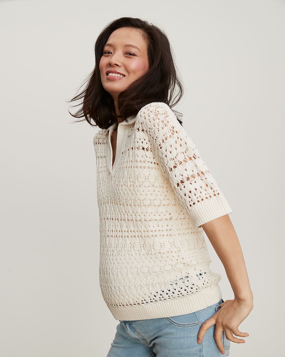 Pointelle Elbow Sleeve Polo Sweater - Thyme Maternity