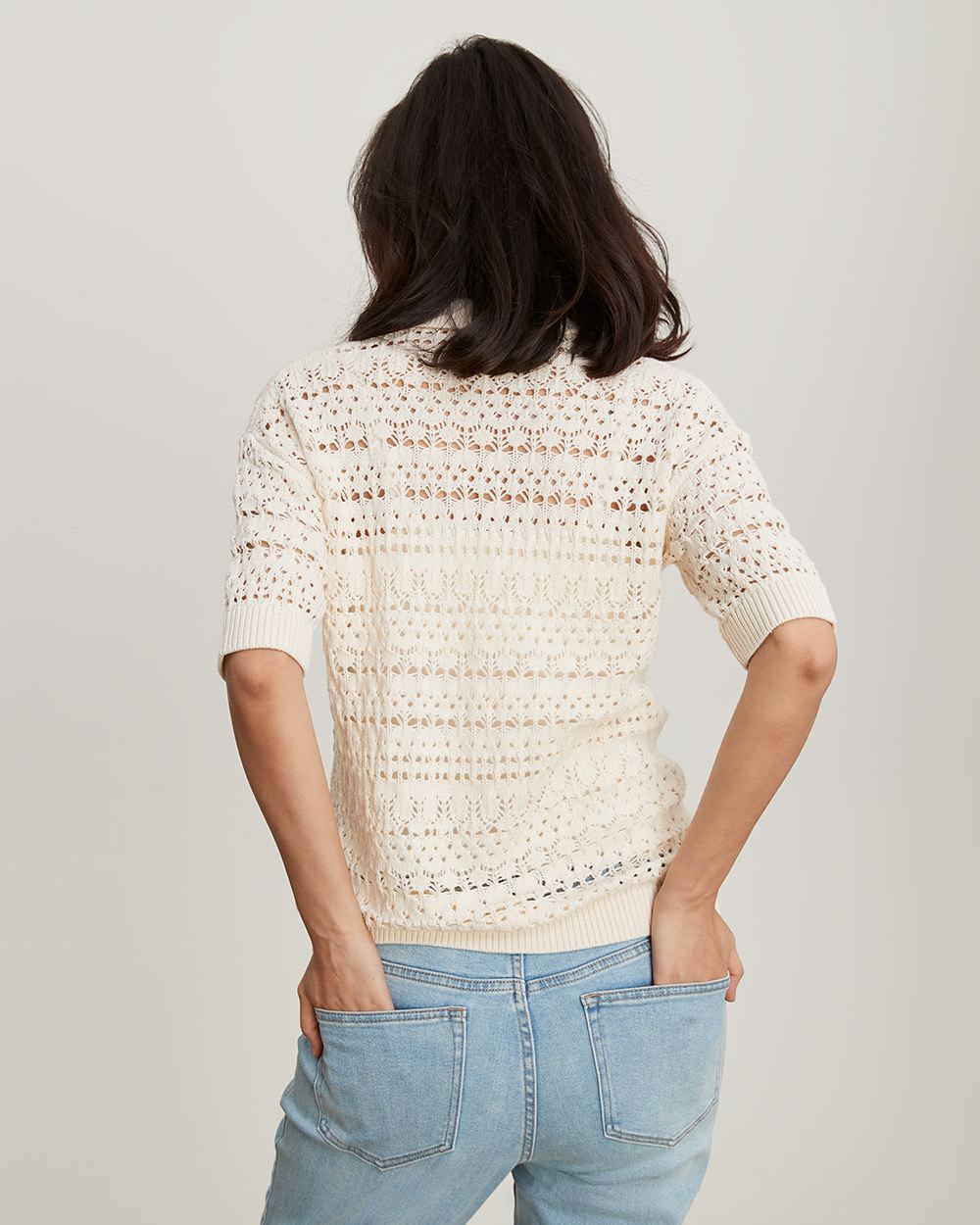 Pointelle Elbow Sleeve Polo Sweater - Thyme Maternity