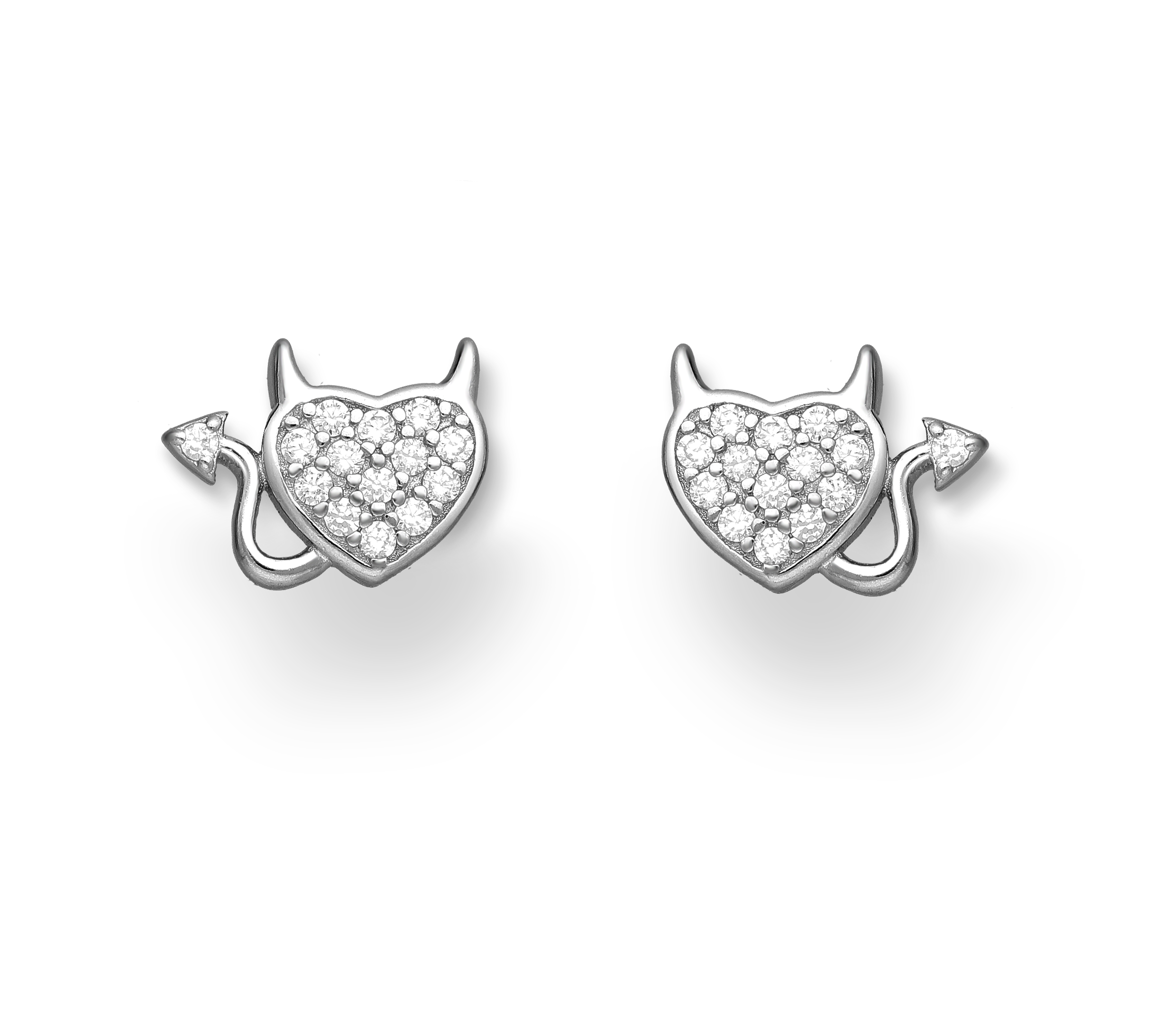 Sterling Silver CZ Cheeky Devil Heart Stud Earrings - Ag Sterling