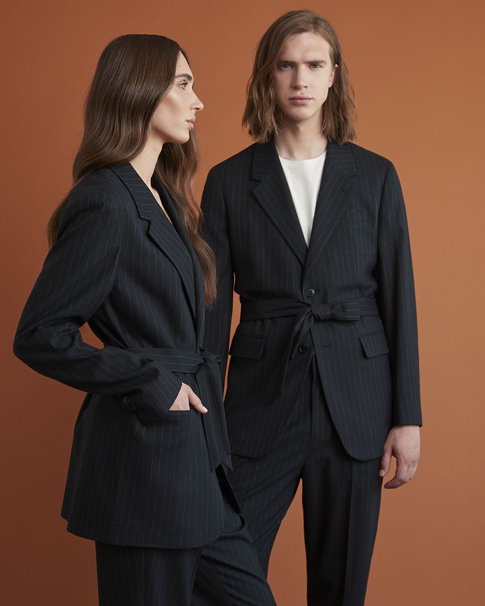 Gender-Neutral Navy Pinstriped Belted Blazer