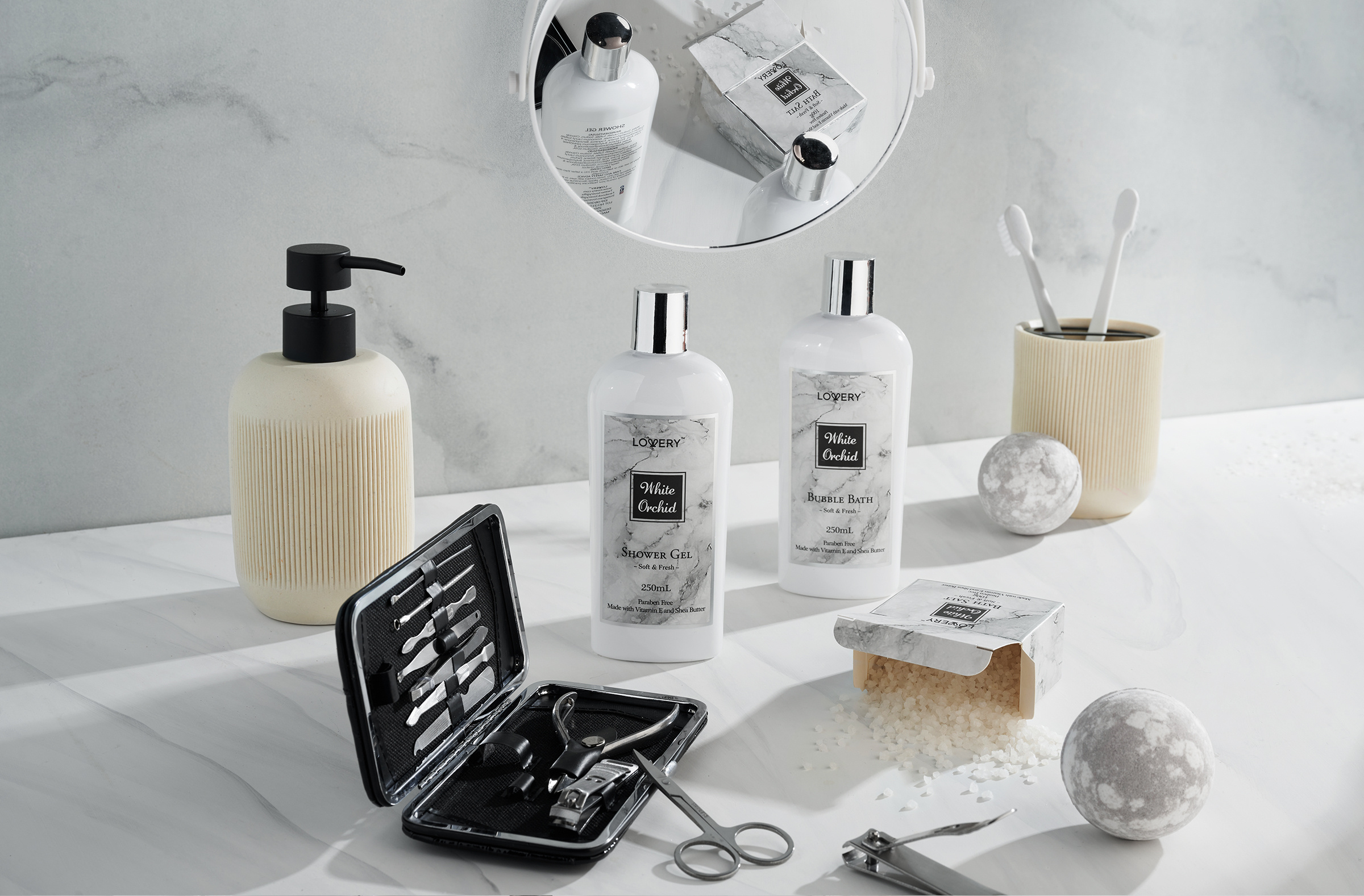 Lovery Spa Gifts - Bath & Body Gift Set - White Orchid Self Care Gift Basket In Marble Tub