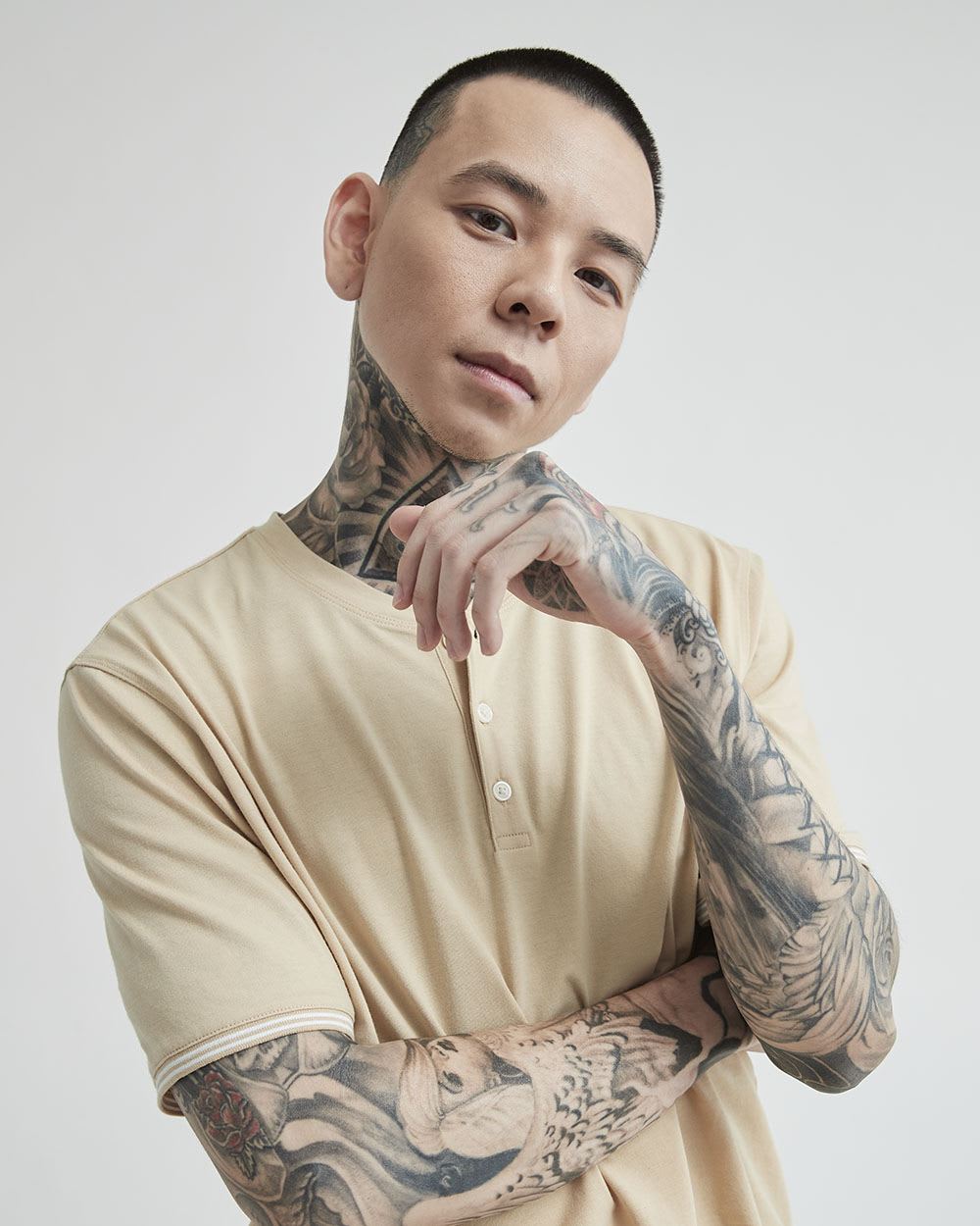 Solid Short-Sleeve Tee with Henley Neckline