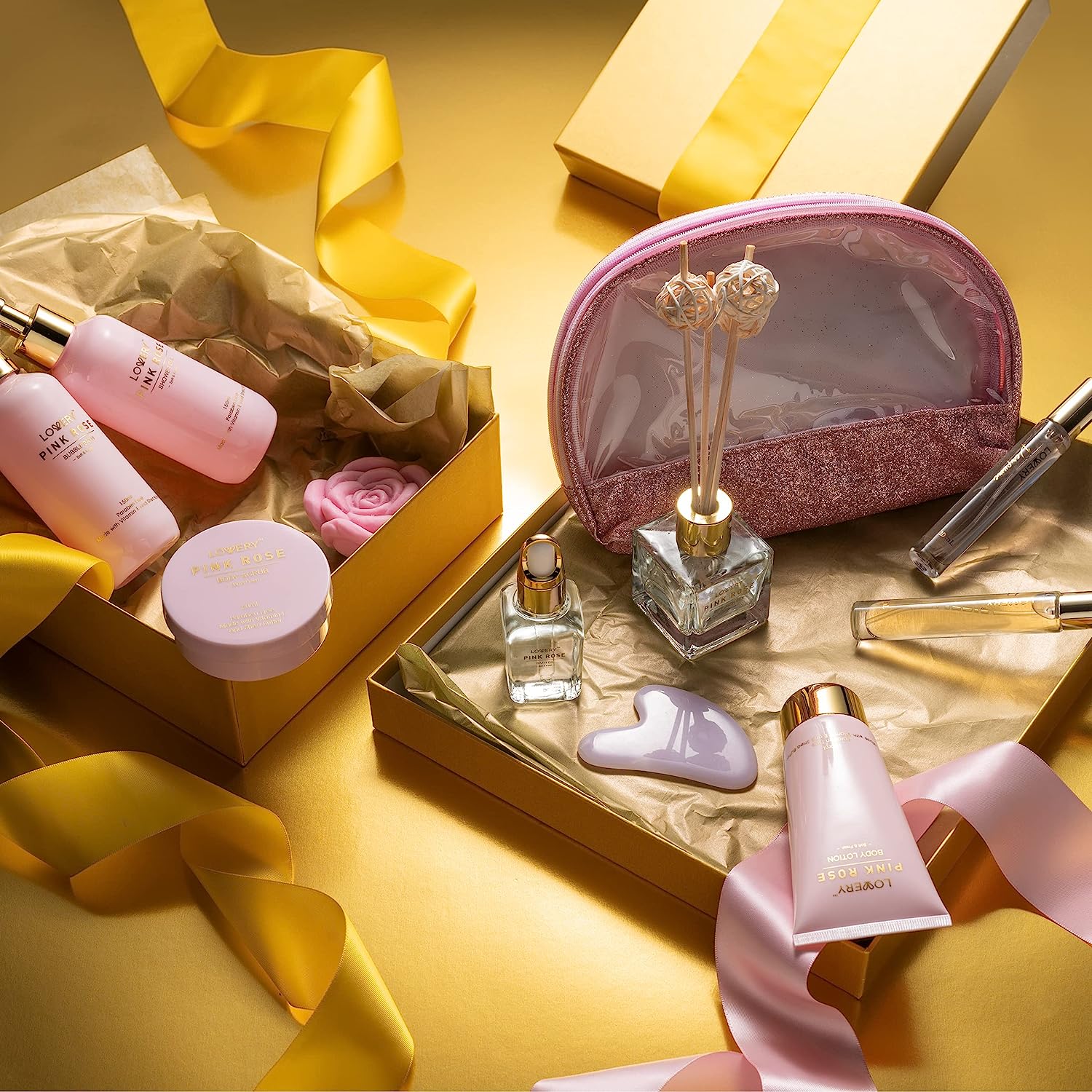 Lovery Luxury Spa Kit, 18pc Pink Rose Relaxing Basket With Perfumes, Gua Sha And More