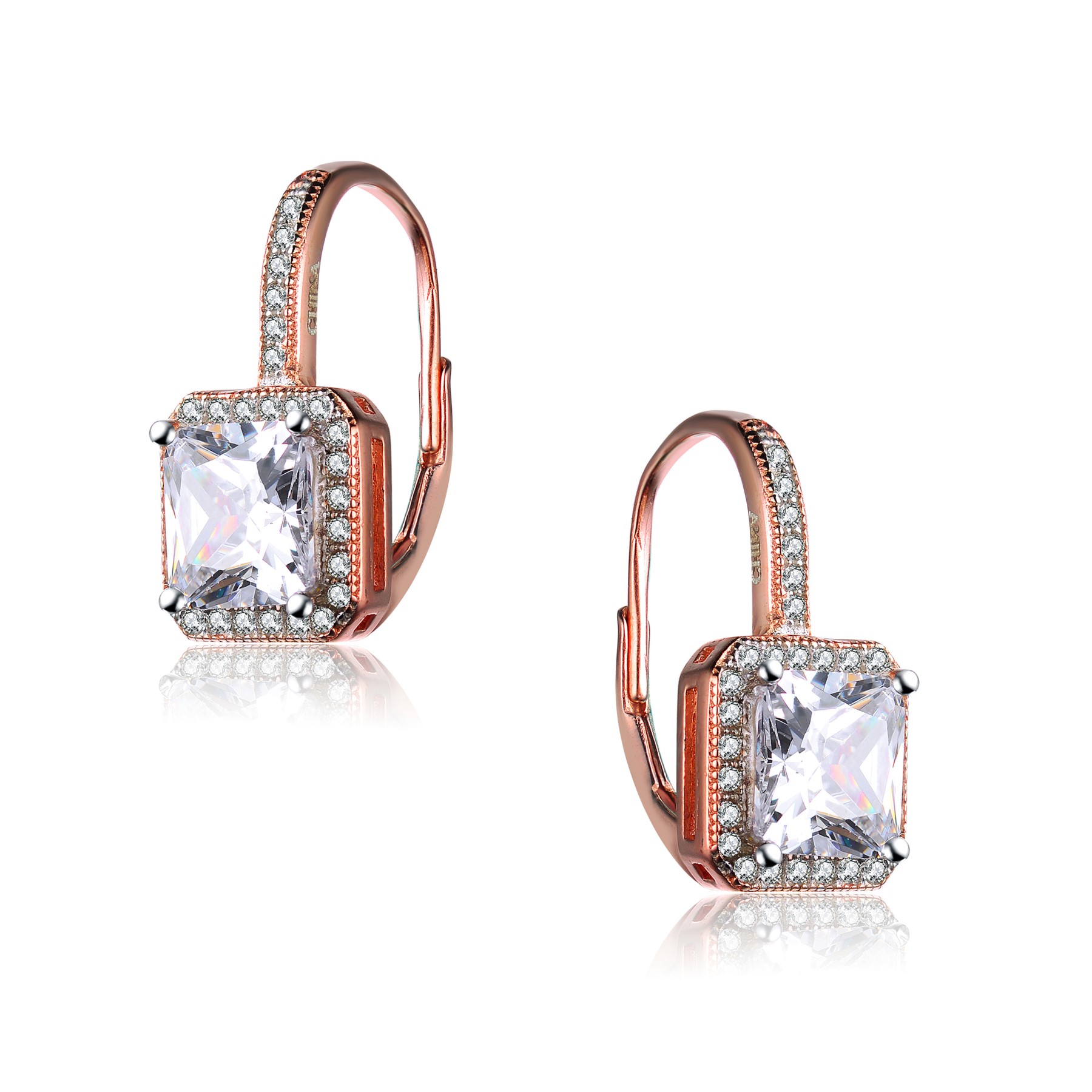 Genevive - Cubic Zirconia Sterling Silver Gold Plated Square Stud Earrings