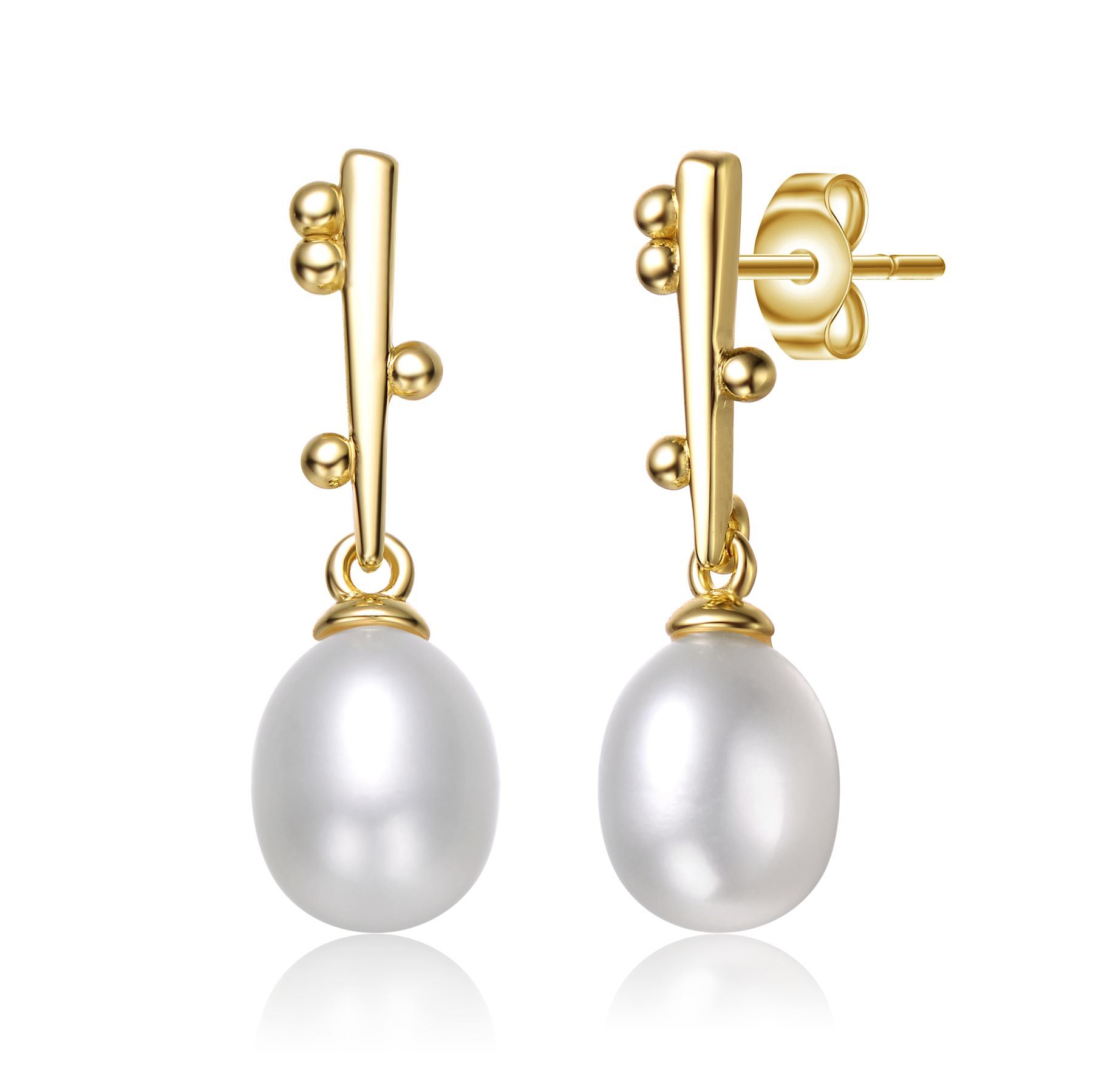 Sterling Silver 14k Yellow Gold Plated with White Pearl & Cubic Zirconia Linear Stick Earrings