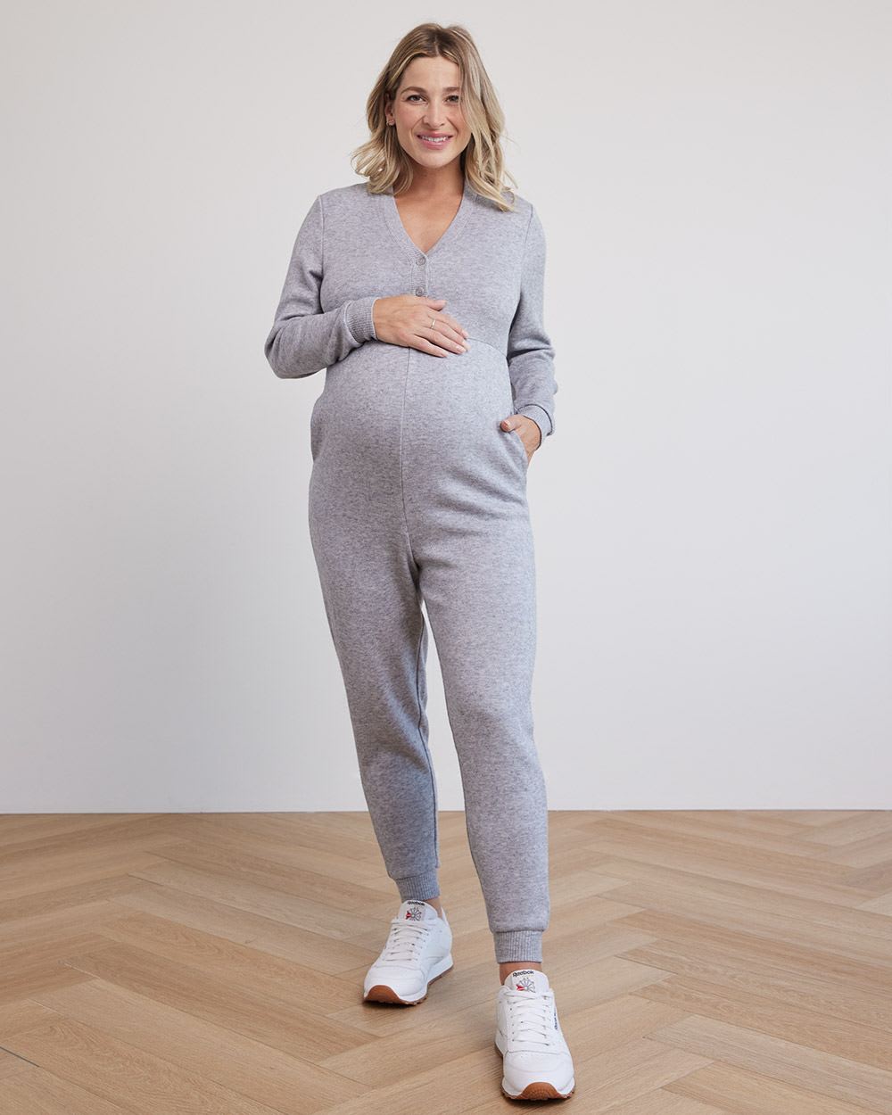 Long-Seeve V-Neck Jumpsuit - Thyme Maternity