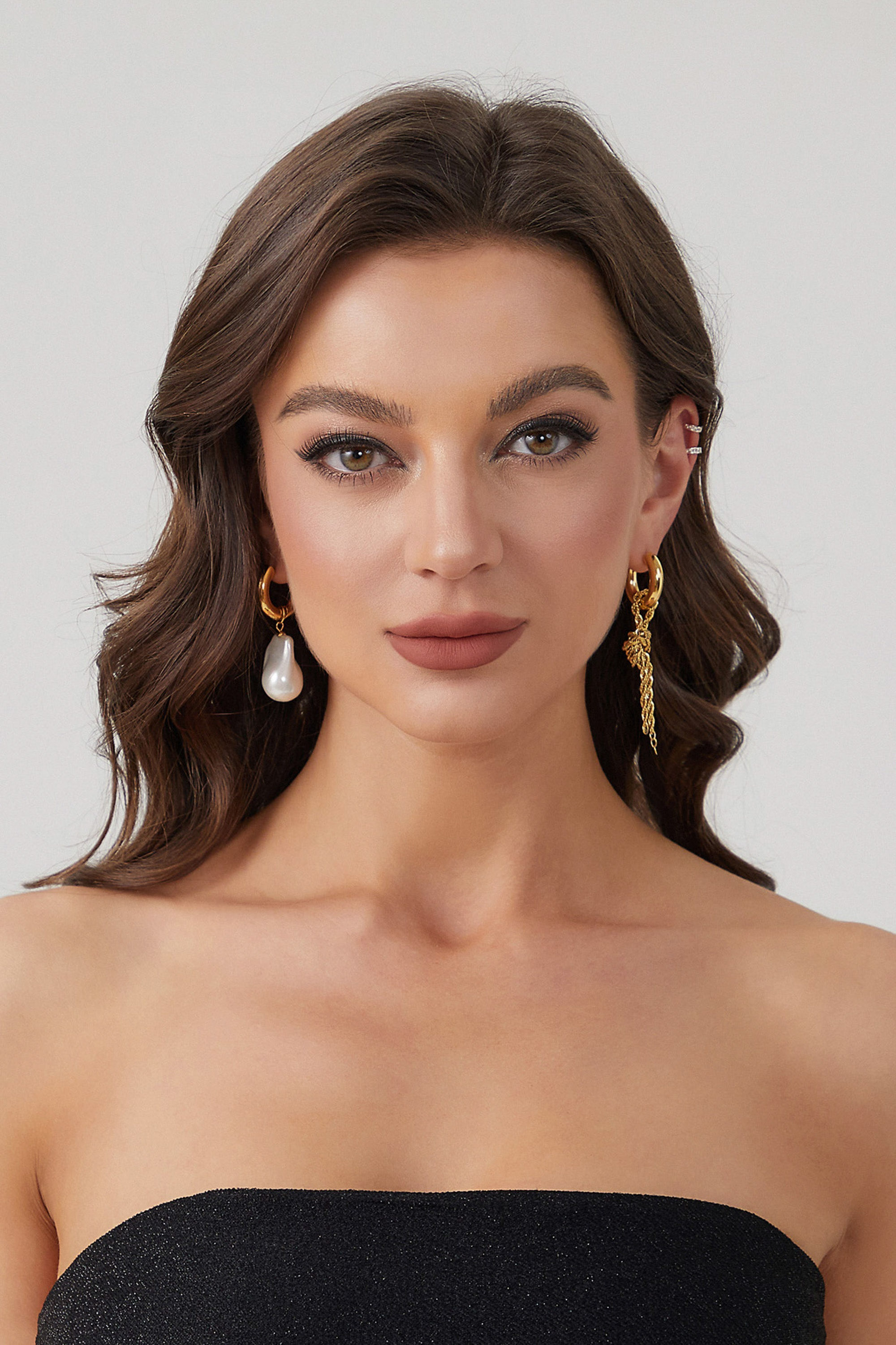 Classicharms-Unique Asymmetrical Gold Rope Chain Baroque Pearl Drop Earrings