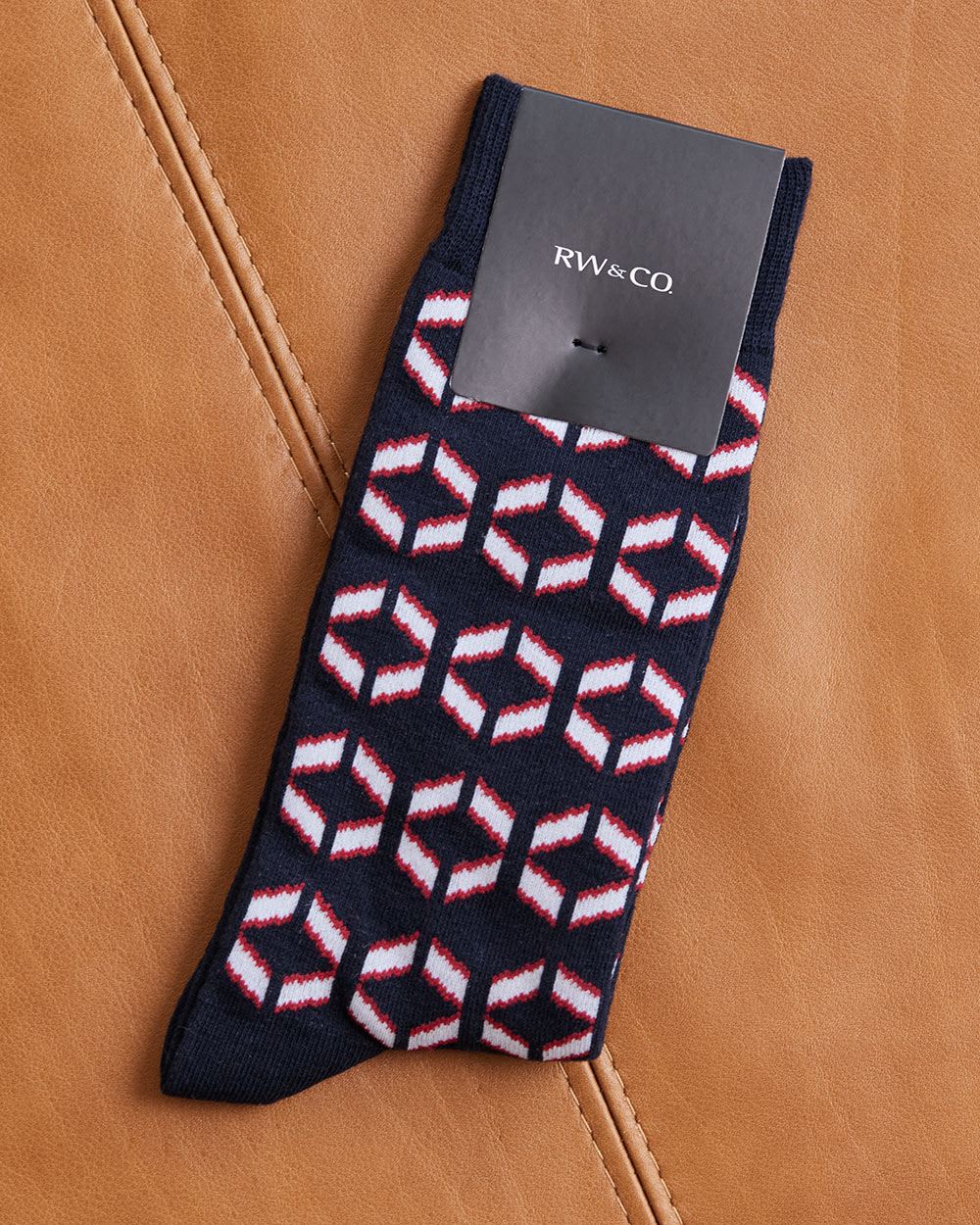 Blue Socks with Red and White Geometric Pattern