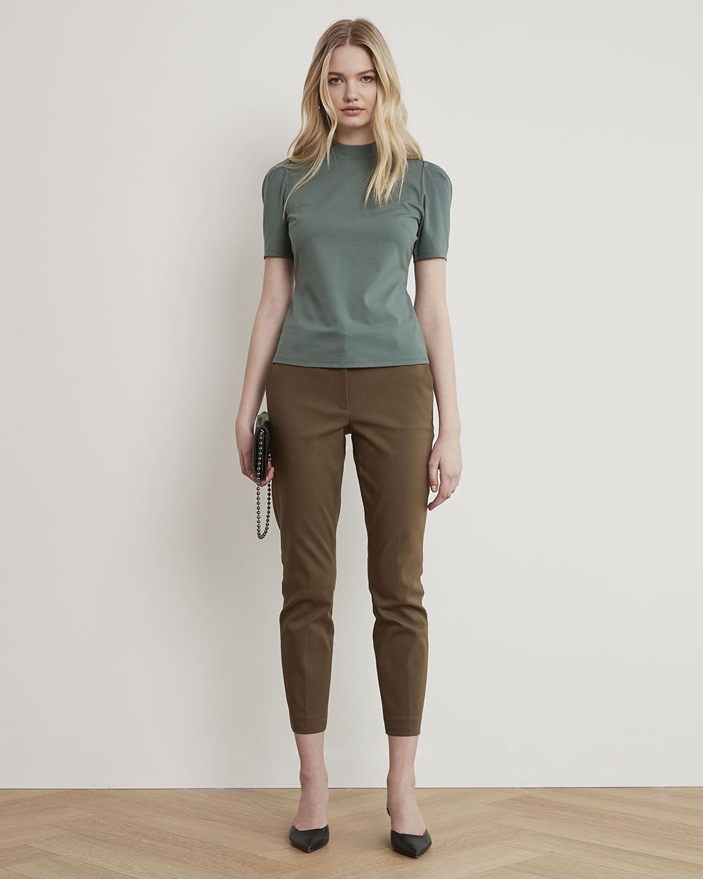 Mock-Neck T-Shirt with Short Puffy Sleeves
