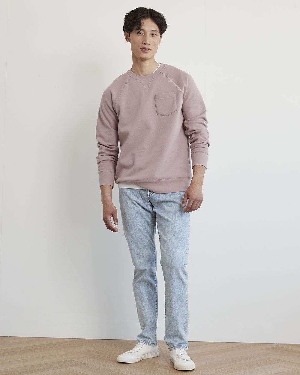 Solid Fleece Crew-Neck Pullover with Chest Pocket