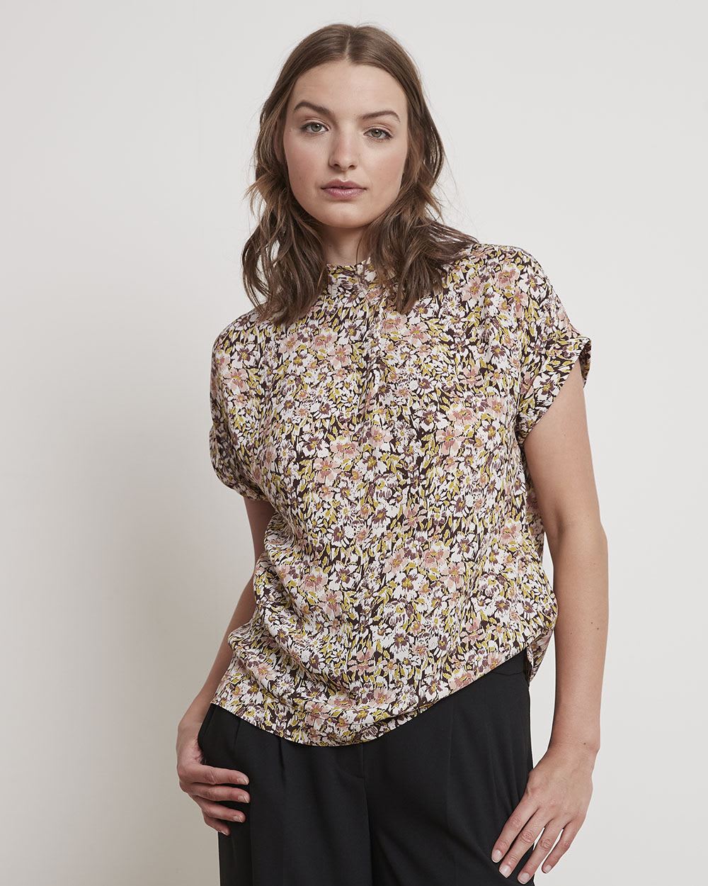 Mock-Neck Popover Blouse with Extended Sleeves