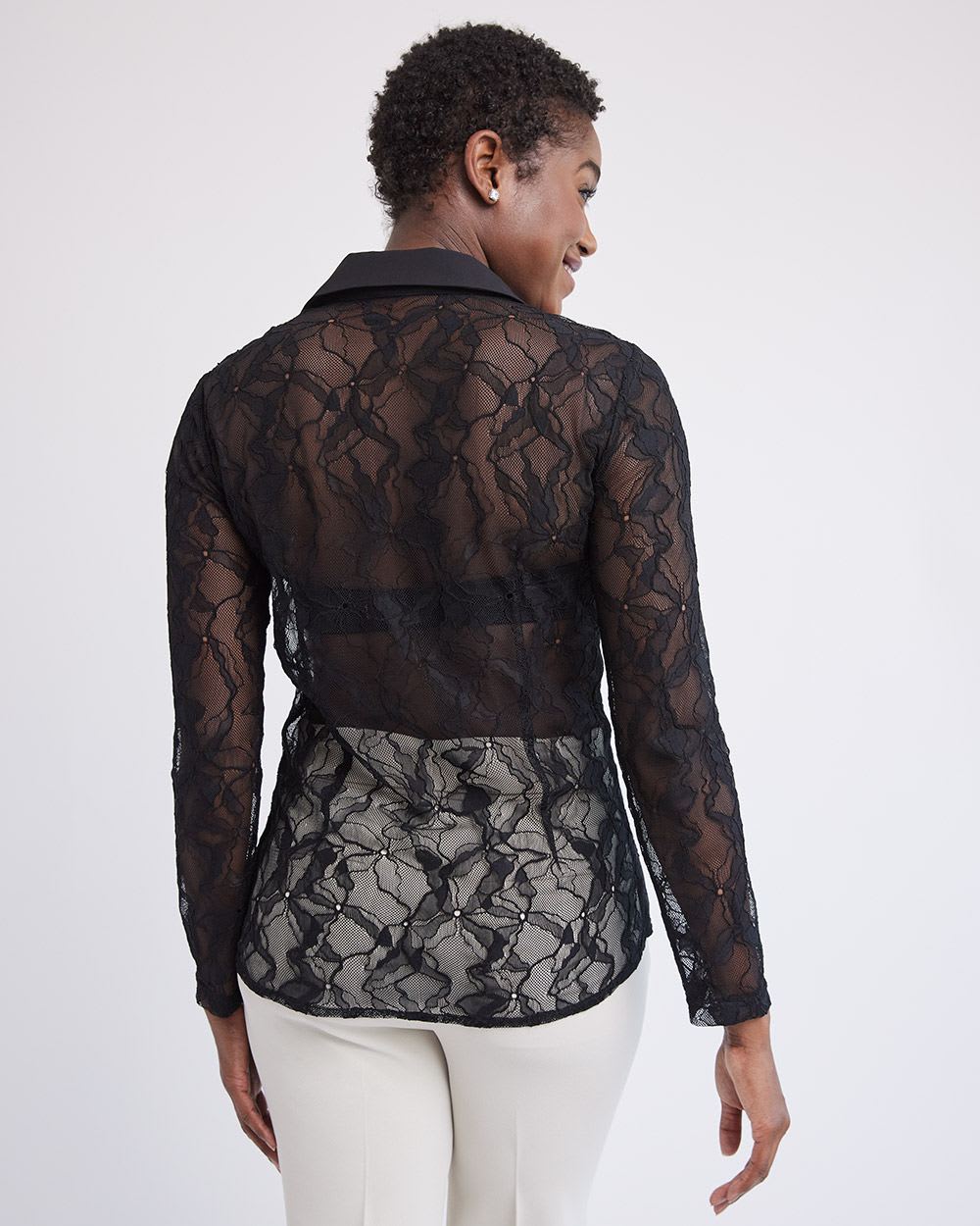 Long-Sleeve Buttoned-Down Lace Blouse