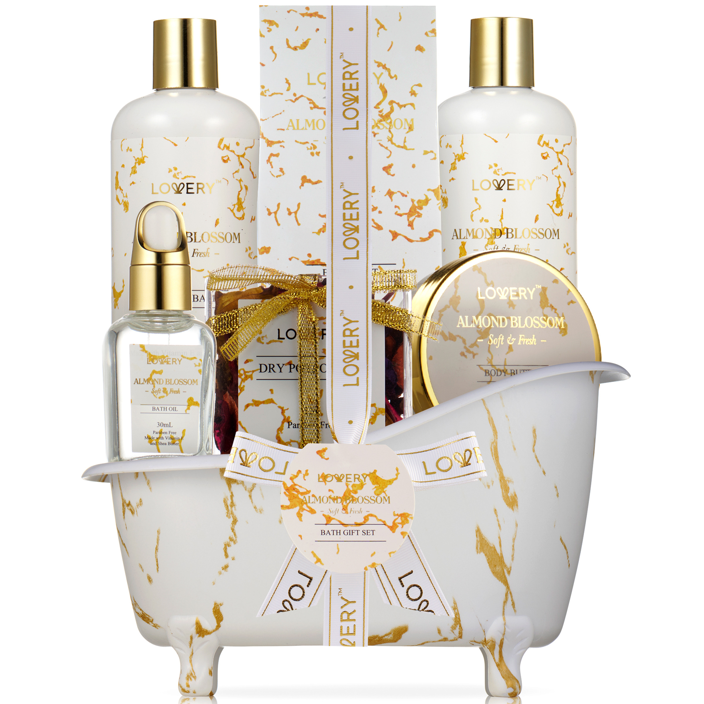 Lovery Home Spa Gift Basket, Almond Blossom Self Care Pampering Package In A Marble Tub