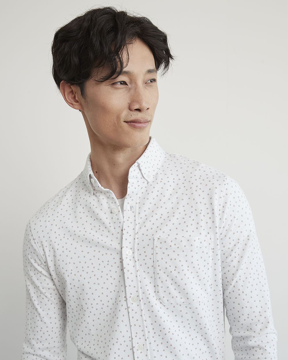 Long-Sleeve Piqué Cotton Shirt with Dots