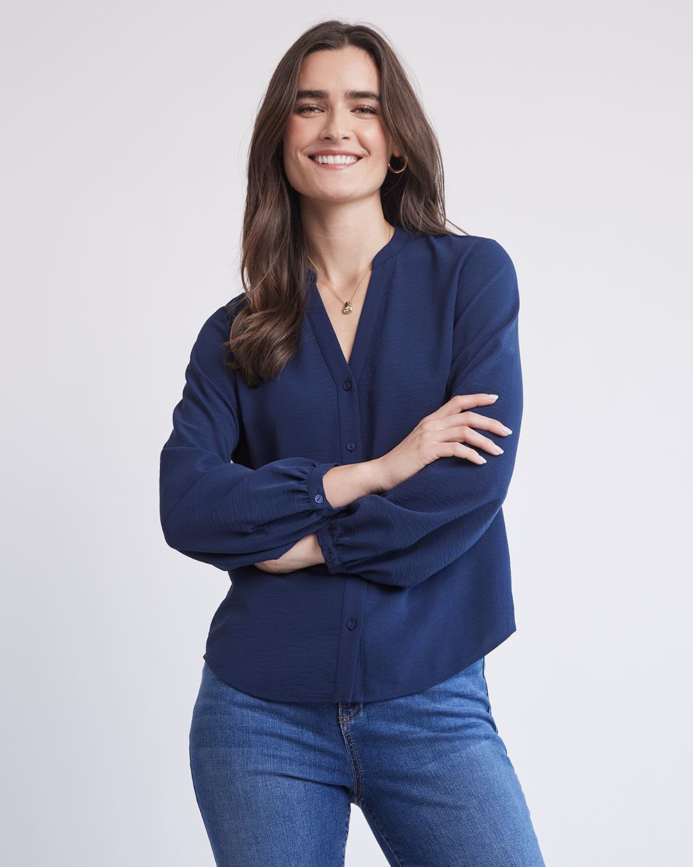 Long-Sleeve Buttoned-Down Fluid Blouse with V Neckline