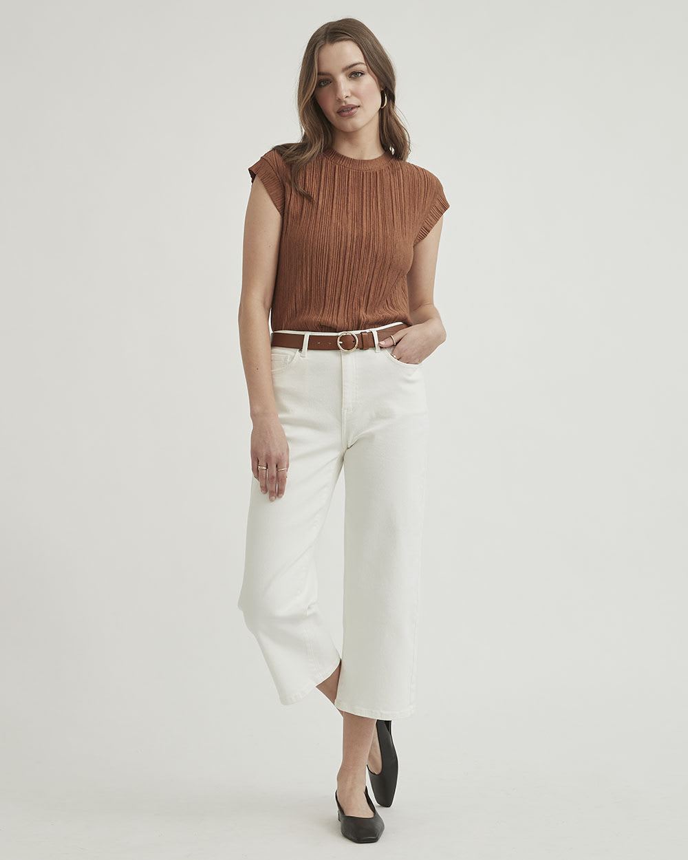 Crinkle Crew-Neck Cap Sleeve T-Shirt