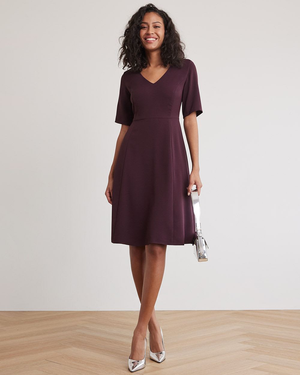 Short-Sleeve Fit and Flare Dress with V Neckline