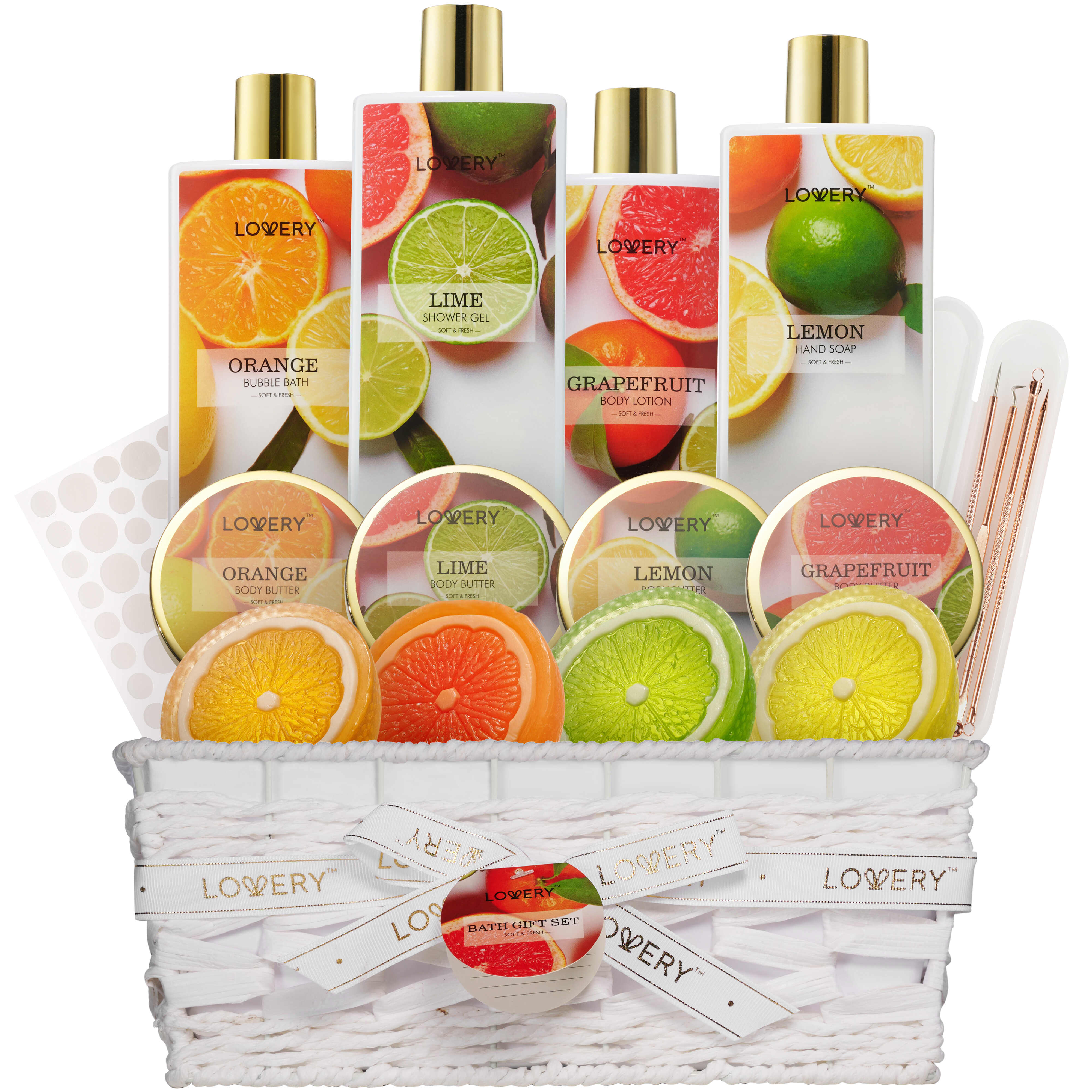 Lovery Bath And Body Care Gift Set, Home Spa Kit In Lemon, Orange, Grapefruit Lime Scents, Relaxing Stress Relief Gift, 19 Piece