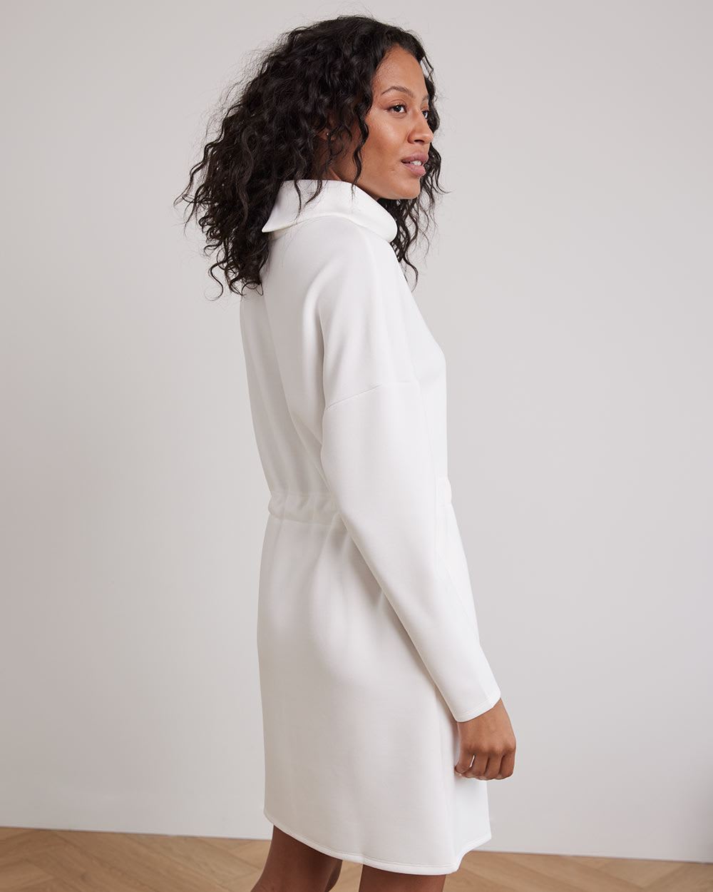 Long-Sleeve Mock-Neck Straight Dress with Adjustable Waist