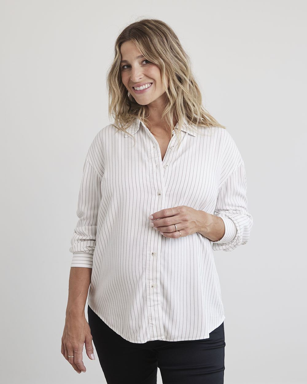 Striped Long-Sleeve Buttoned-Down Blouse - Thyme Maternity