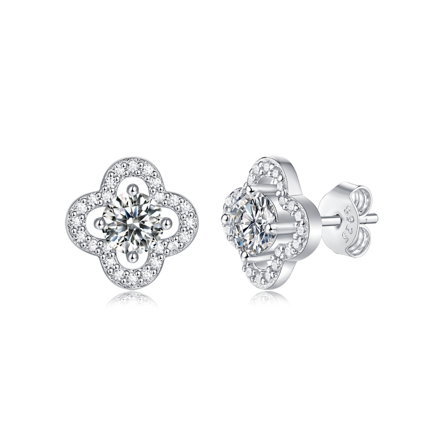 SV Sterling Silver with 0.50ctw Lab Created Moissanite Four-Leaf Halo Cluster Stud Earrings