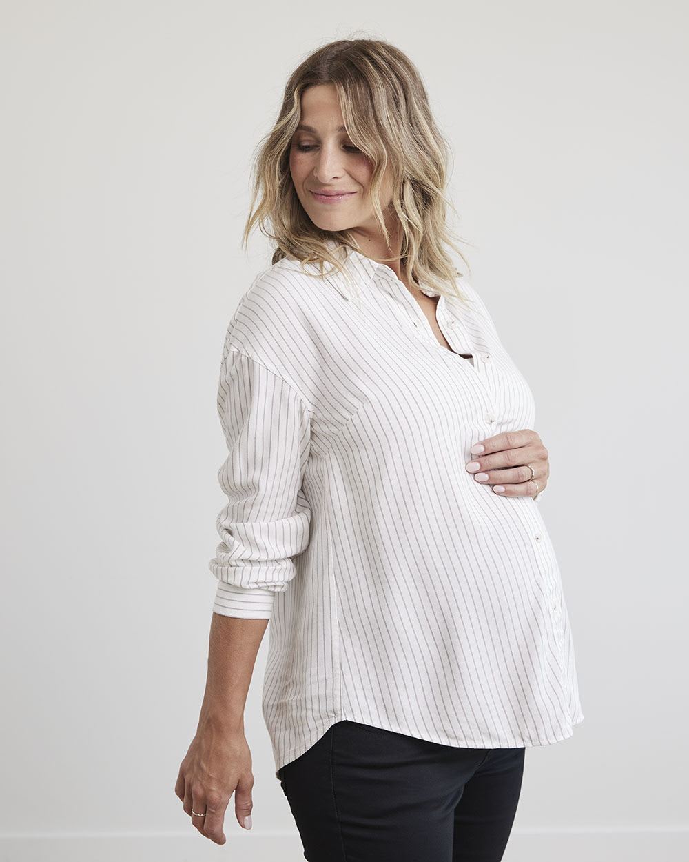 Striped Long-Sleeve Buttoned-Down Blouse - Thyme Maternity