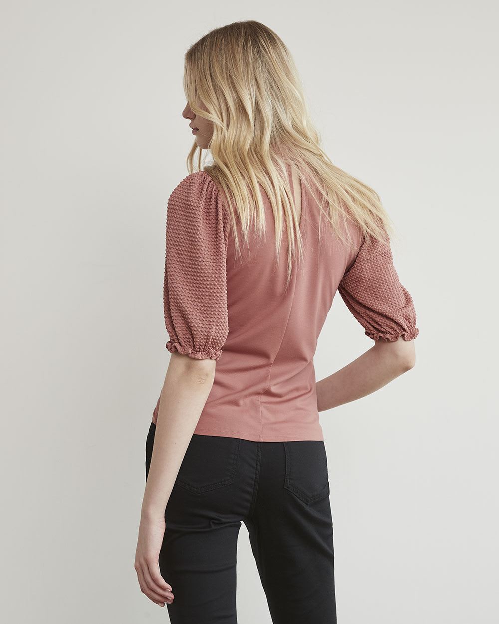 Mock-Neck T-Shirt with Short Puffy Sleeves