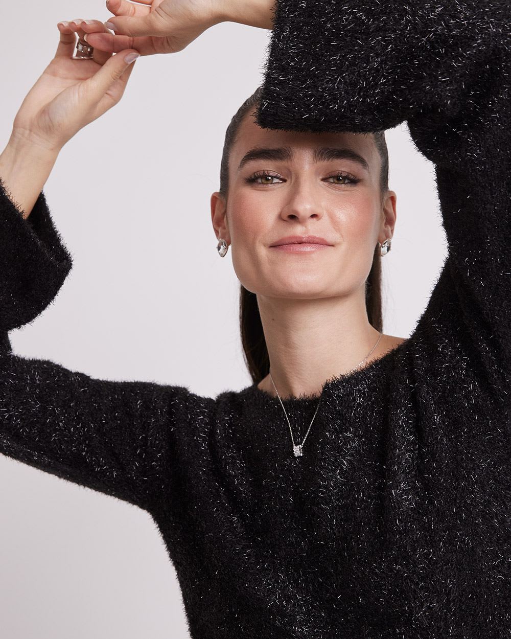 Mock-Neck Feather-Yarn Sweater with Long Bell Sleeves