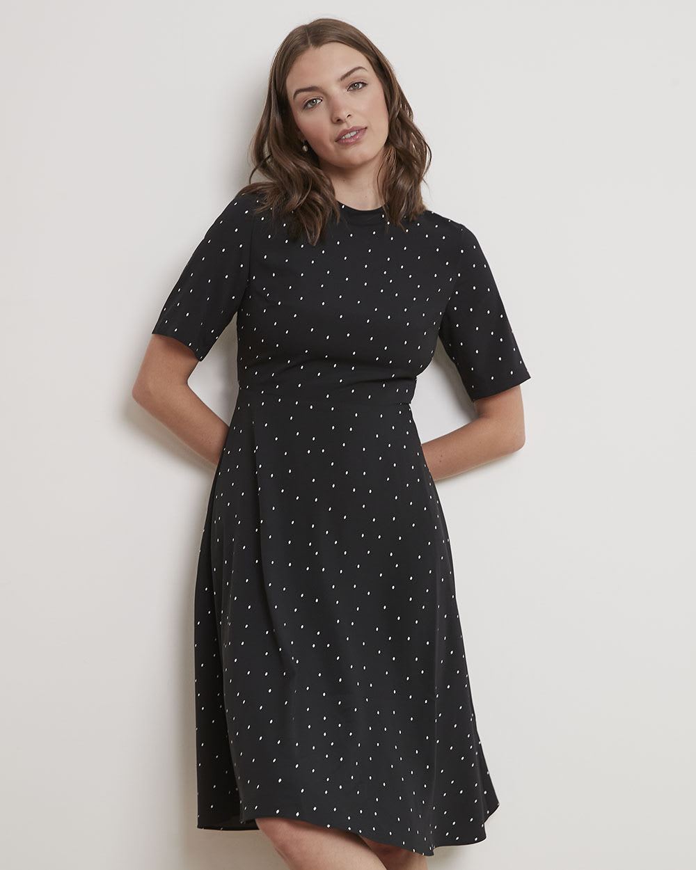 Short-Sleeve Mock-Neck Dress with Pleated Skirt