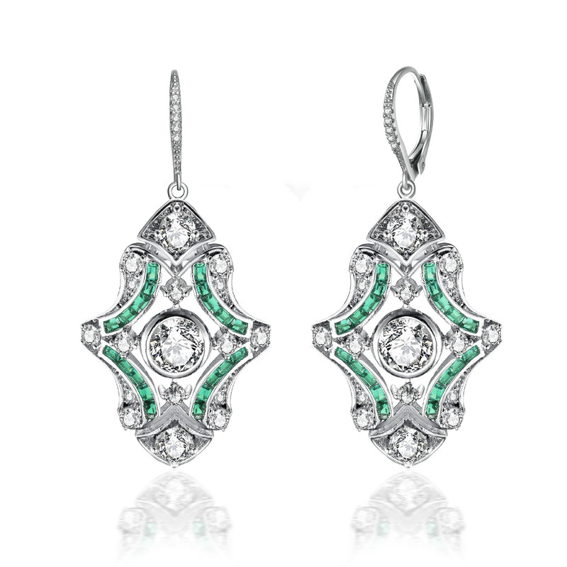 Sterling Silver White Gold Plated with Colored Cubic Zirconia Art Deco Lever Back Earrings