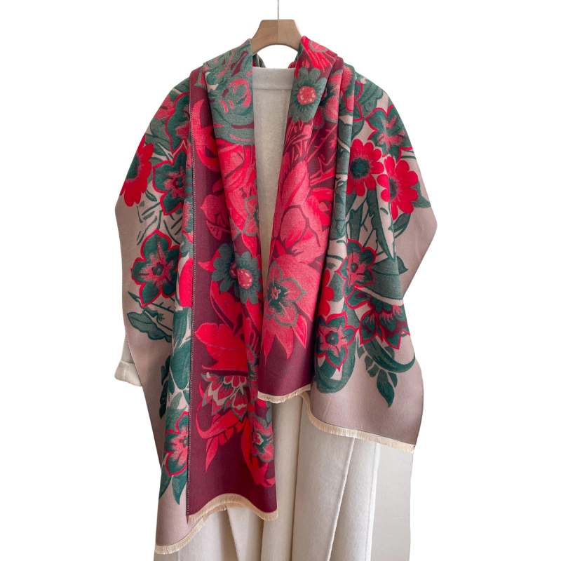 Greige Deep Red & Green Floral Patterned Scarf- Don't AsK