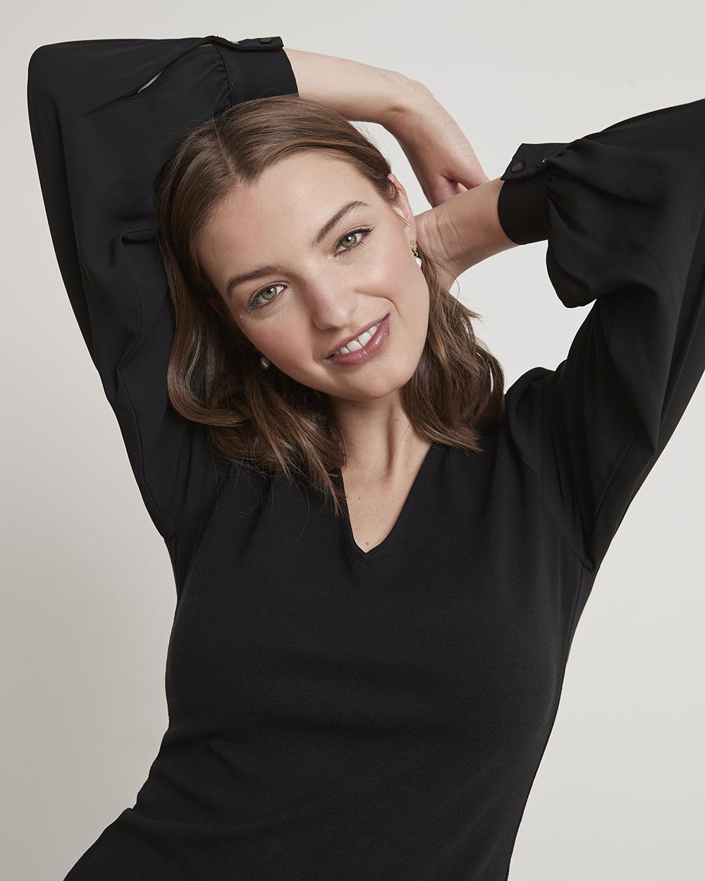 Mix-Media V-Neck Top with Long Puffy Sleeves