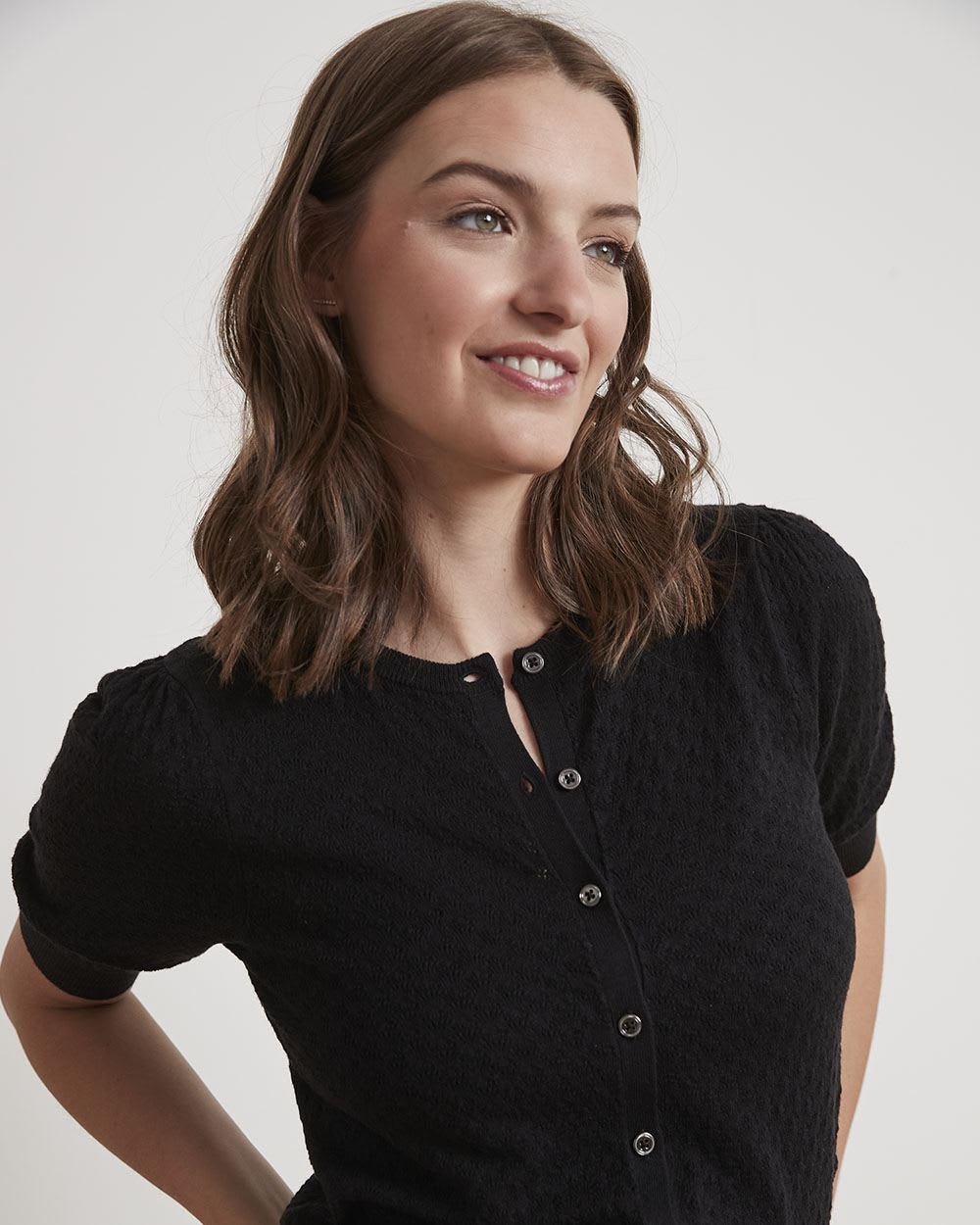 Pointelle Cardigan with Puffy Elbow Sleeves