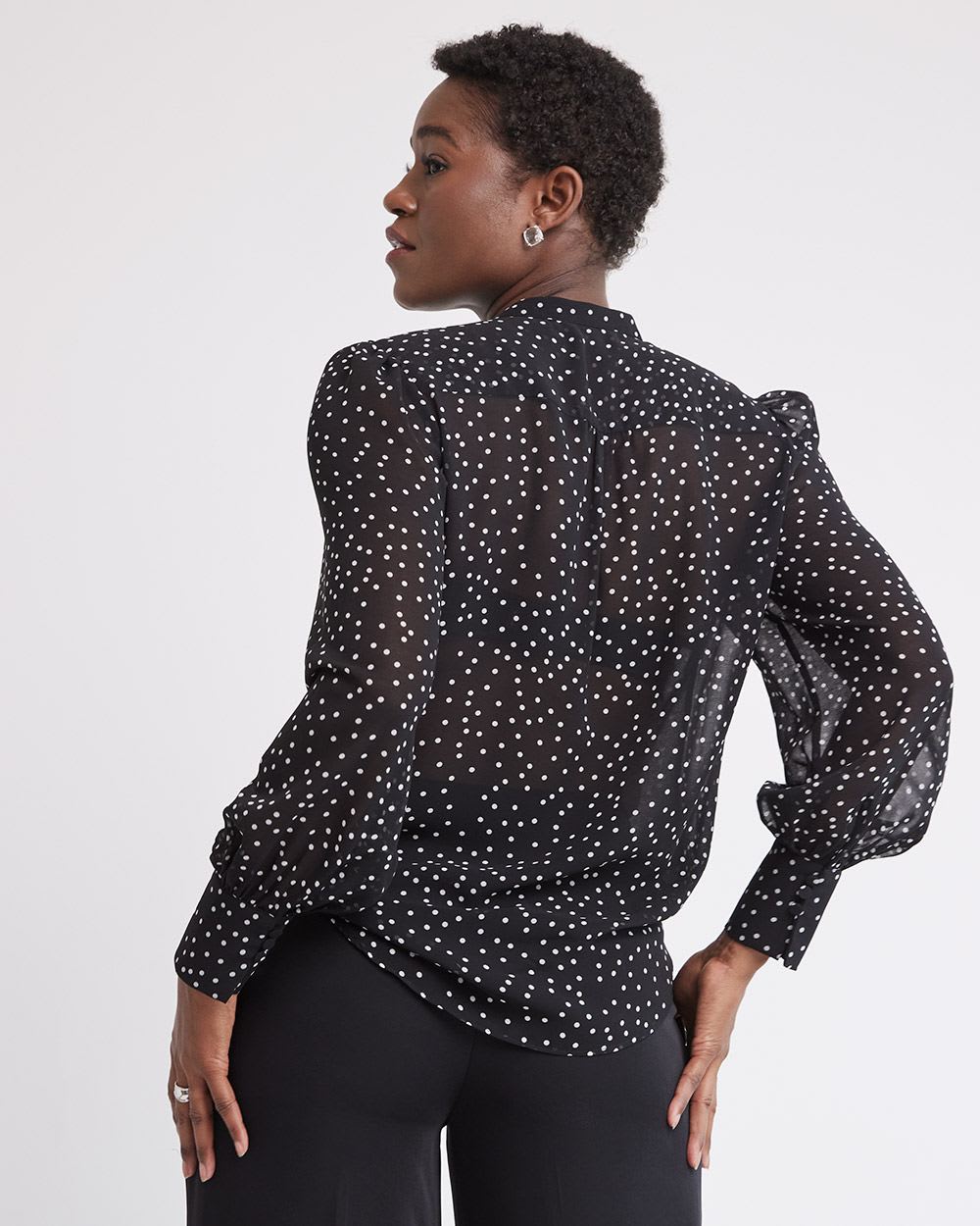 Long-Sleeve Buttoned-Down Jabot Blouse