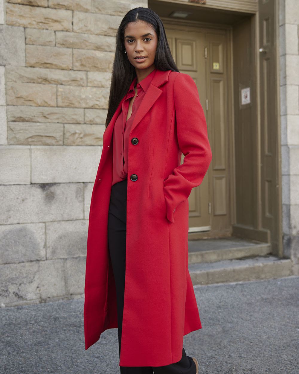 Long Fitted 2-Button Twill Coat