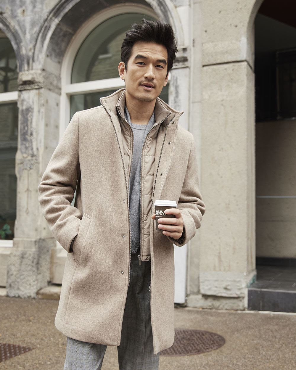 Classic Herringbone Wool Coat with Mock Neckline