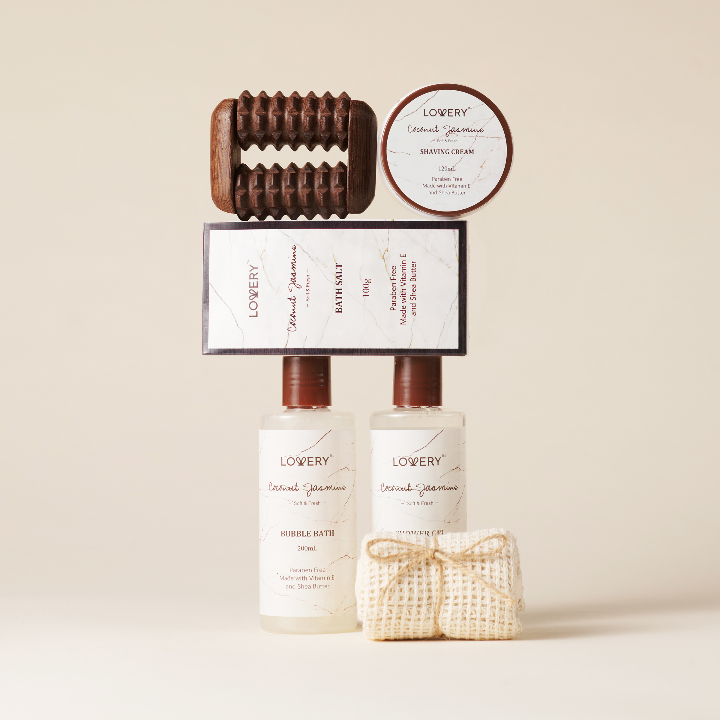 Lovery Coconut Jasmine Luxury Bath And Body Set - Home Spa Self Care Kit With Massager