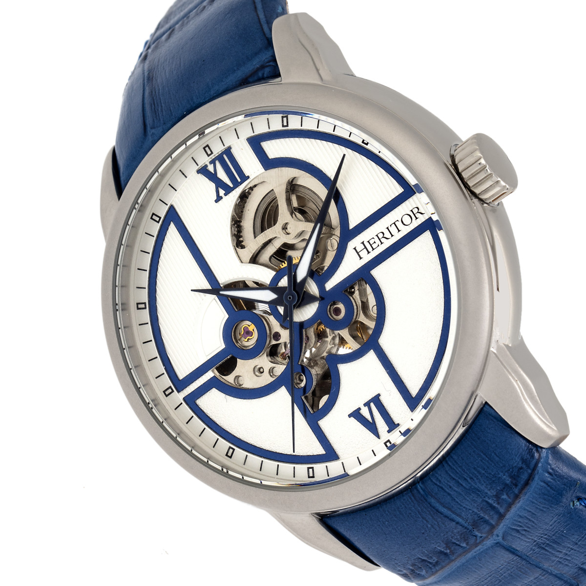 Heritor Automatic - Sanford Semi-Skeleton Leather-Band Watch - Silver/Blue