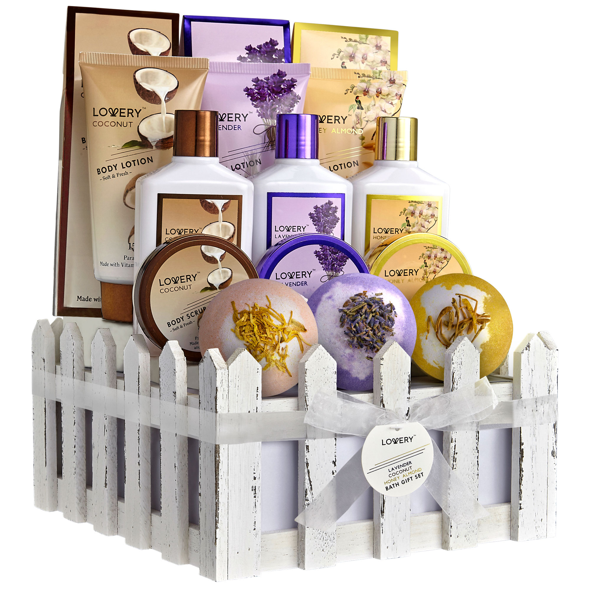 Lovery Home Spa Gift Baskets - Coconut, Lavender, Jasmine & Honey Almond Scent - 16pc