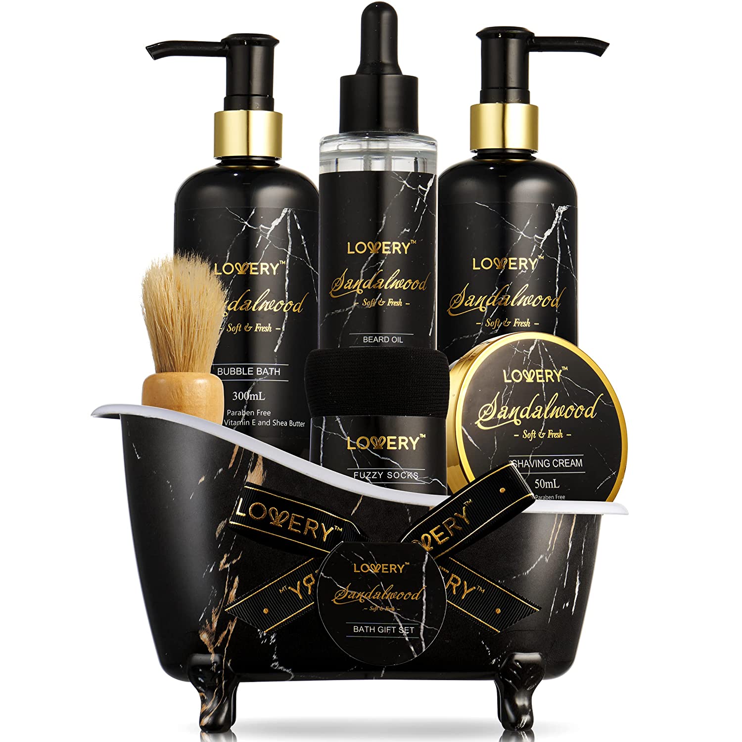 Lovery Deluxe Sandalwood Spa Basket For Men, Gold Marble Selfcare Grooming Kit